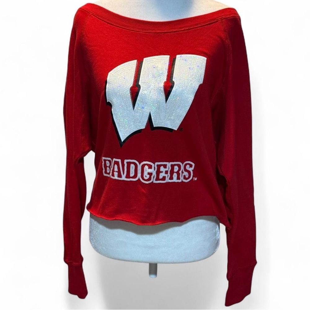 Wisconsin Badgers Bling Red & White Off Shoulder Crop Top. Small P-P19”L19”